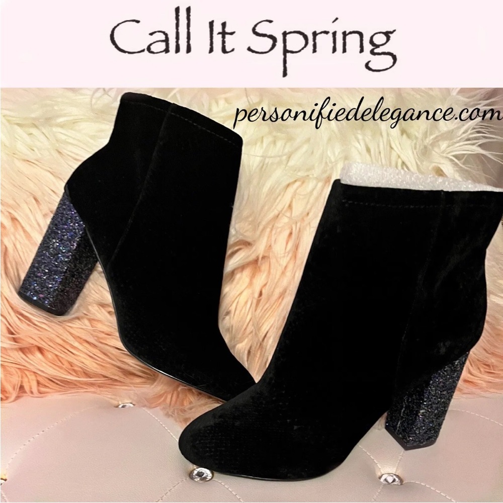 Call It Spring Talcahuano Black Velvet Glitter Heel Ankle Boots Size 11
